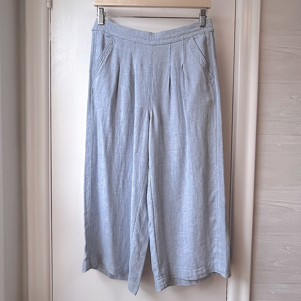 New Bon Marche Linen Wide Leg Cropped Pants Blue
